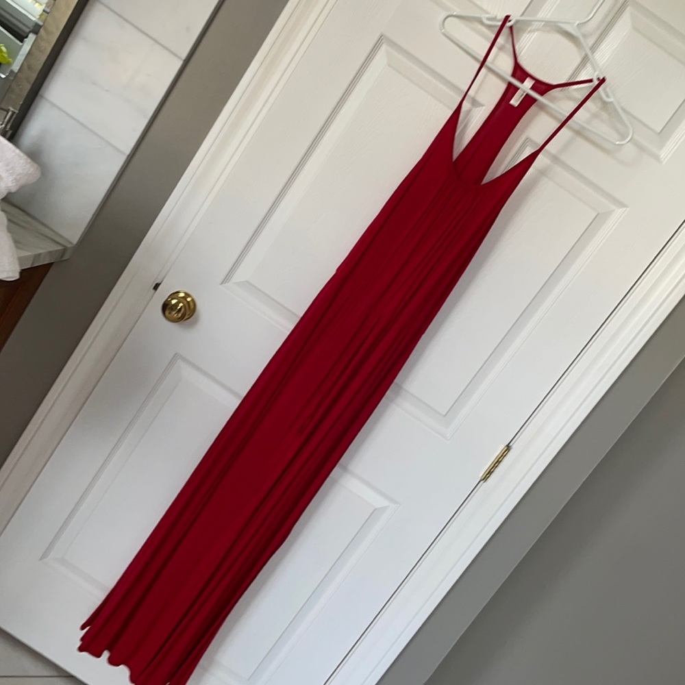 Long red cotton casual dress